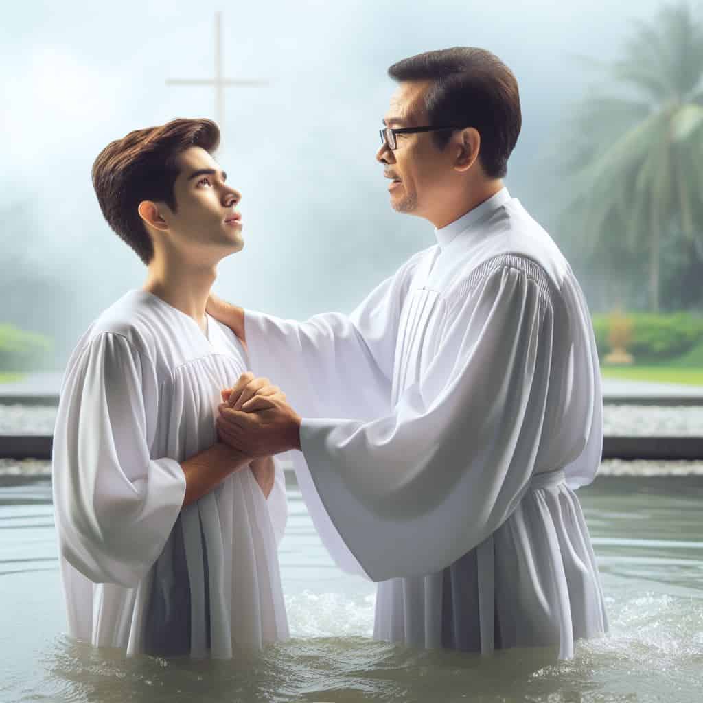 A pastor is baptising a newly born Again young man in a stream